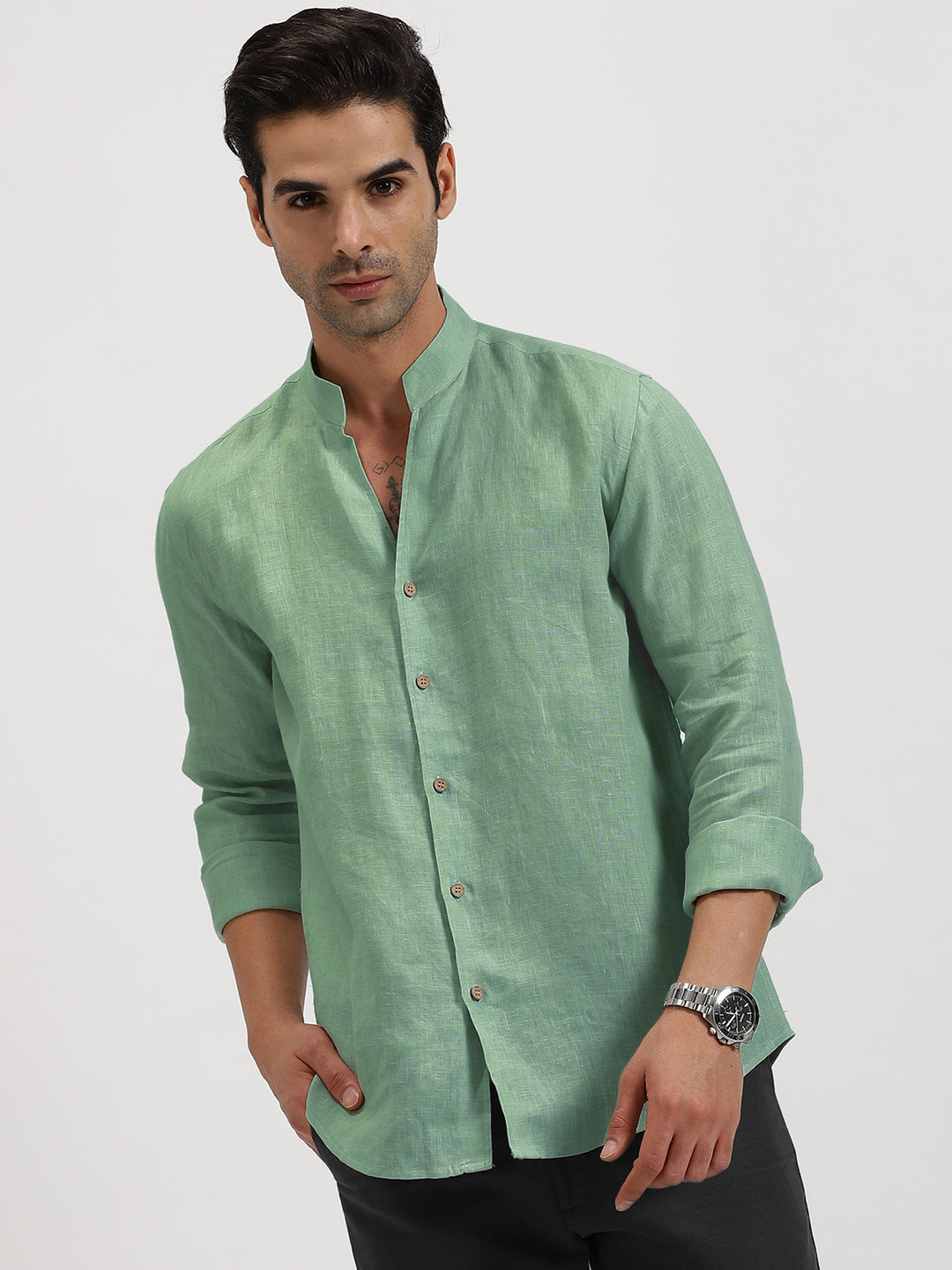 Craig - Pure Linen V Neck Full Sleeve Shirt - Smoke Green