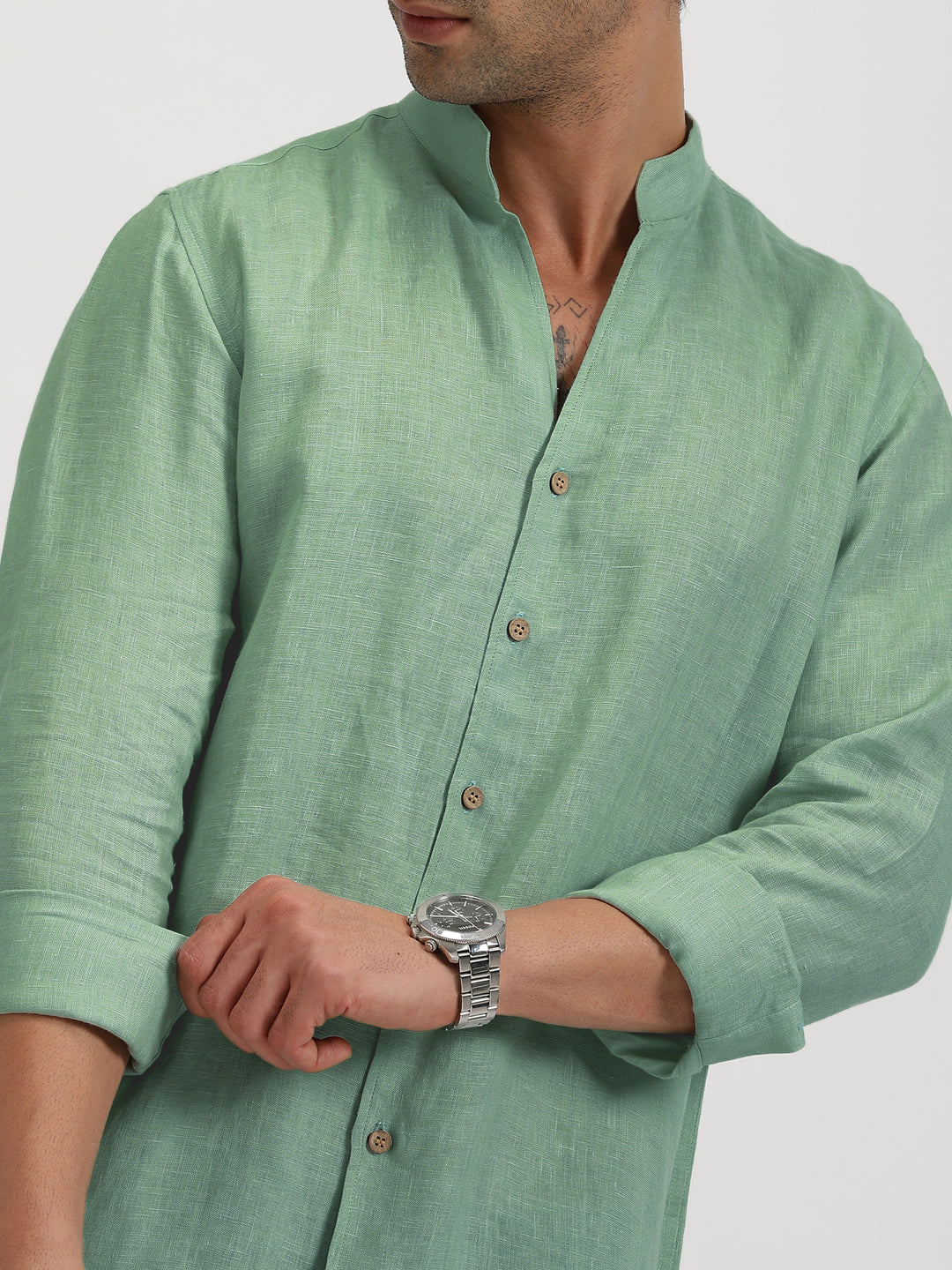 Craig - Pure Linen V Neck Full Sleeve Shirt - Smoke Green