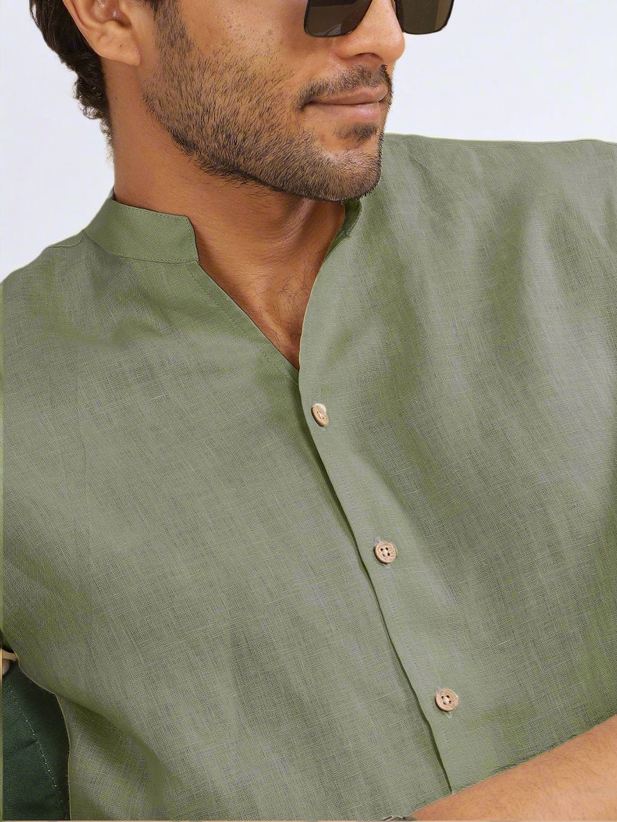 Craig - Pure Linen V Neck Full Sleeve Shirt - Olive Green