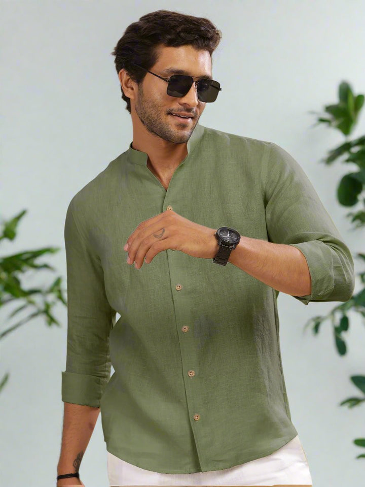 Craig - Pure Linen V Neck Full Sleeve Shirt - Olive Green