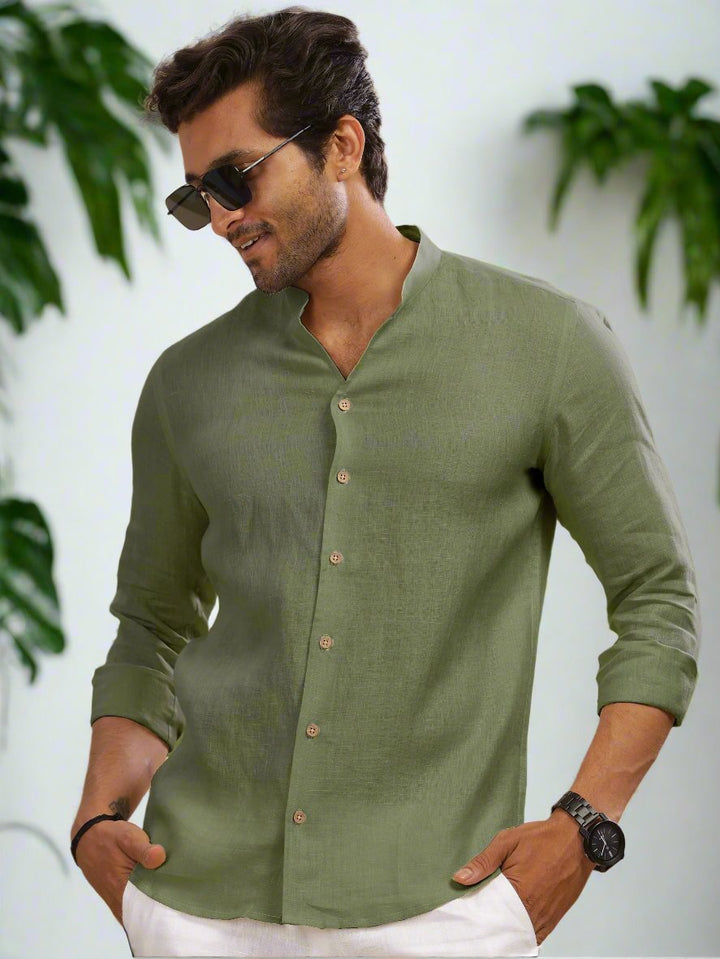 Craig - Pure Linen V Neck Full Sleeve Shirt - Olive Green