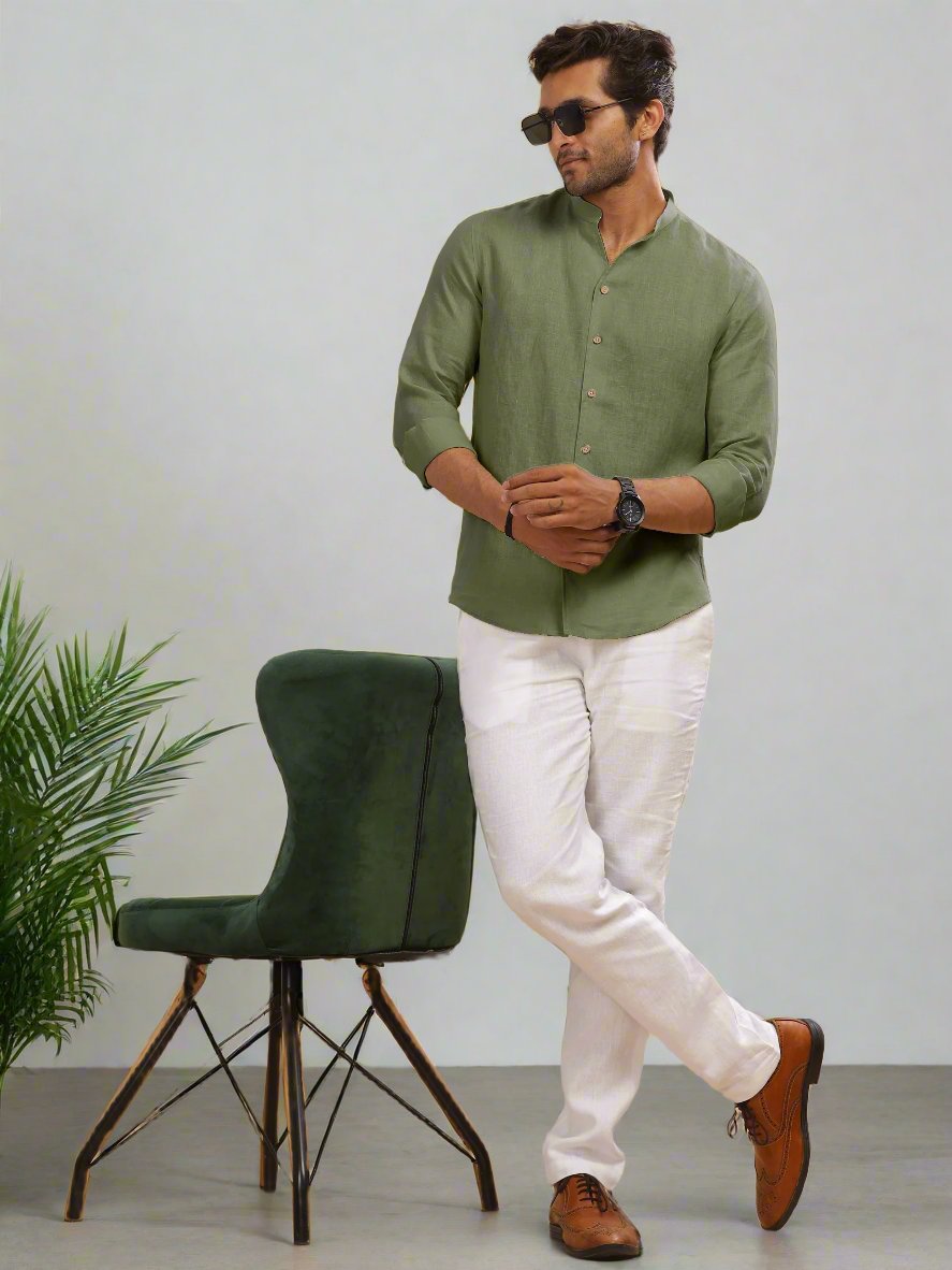 Craig - Pure Linen V Neck Full Sleeve Shirt - Olive Green