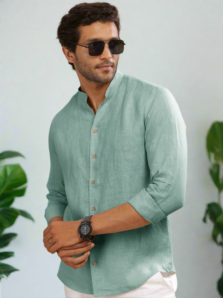 Craig - Pure Linen V Neck Full Sleeve Shirt - Aqua Green