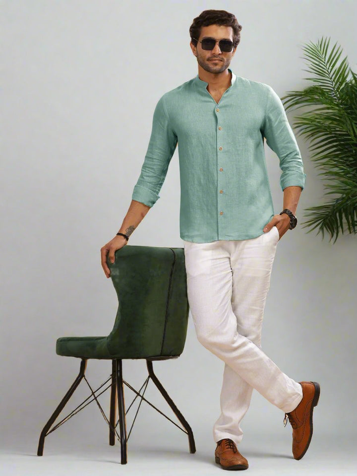 Craig - Pure Linen V Neck Full Sleeve Shirt - Aqua Green