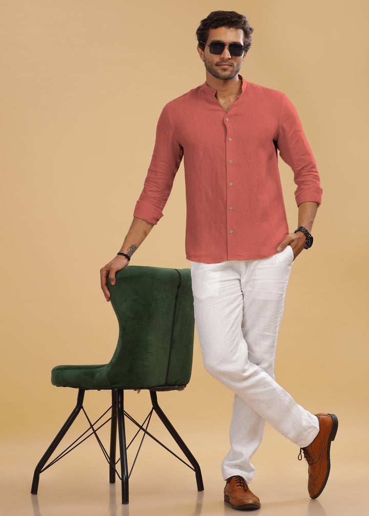 Craig - Pure Linen V Neck Full Sleeve Shirt - Terracotta Red