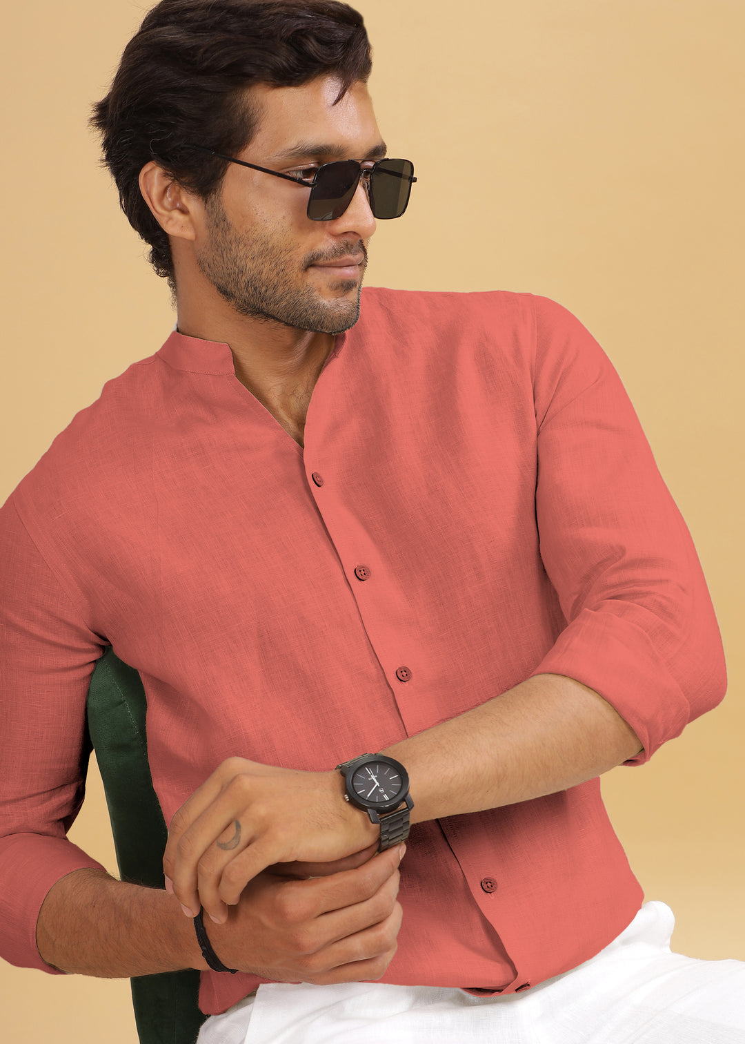 Craig - Pure Linen V Neck Full Sleeve Shirt - Terracotta Red