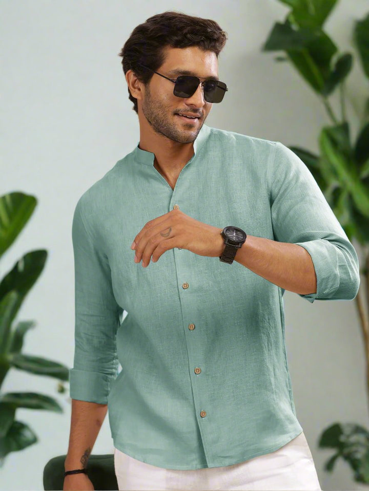 Craig - Pure Linen V Neck Full Sleeve Shirt - Aqua Green