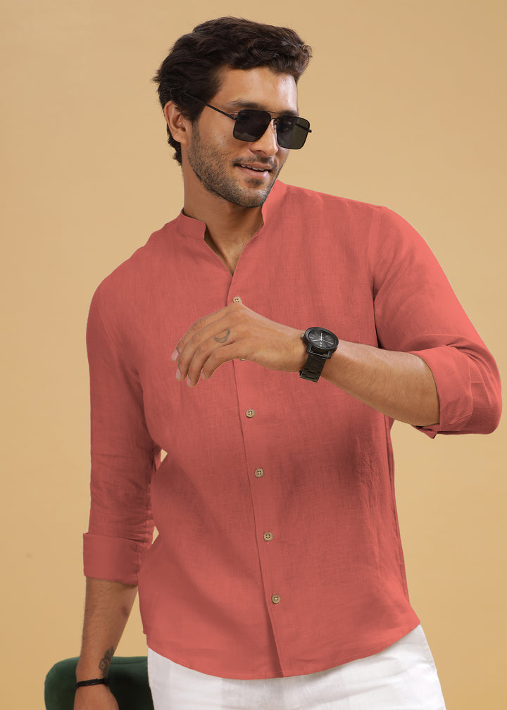Craig - Pure Linen V Neck Full Sleeve Shirt - Terracotta Red