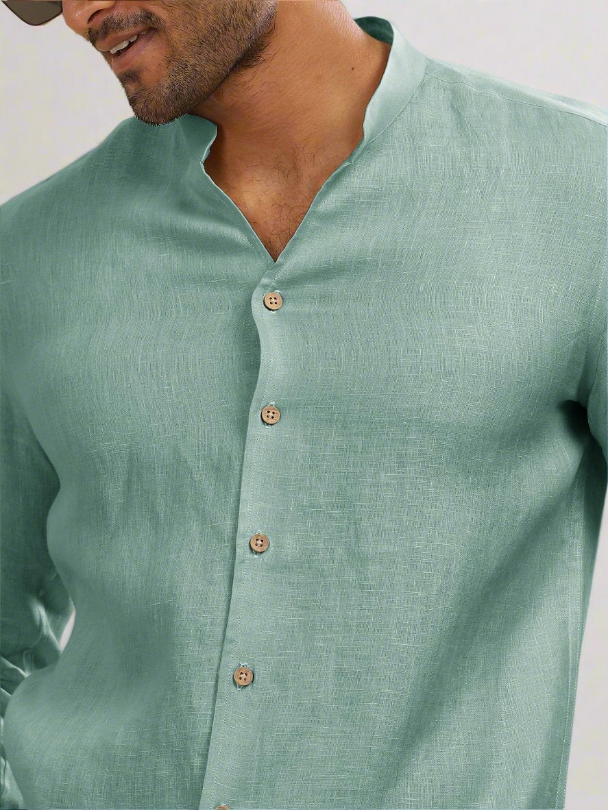 Craig - Pure Linen V Neck Full Sleeve Shirt - Aqua Green