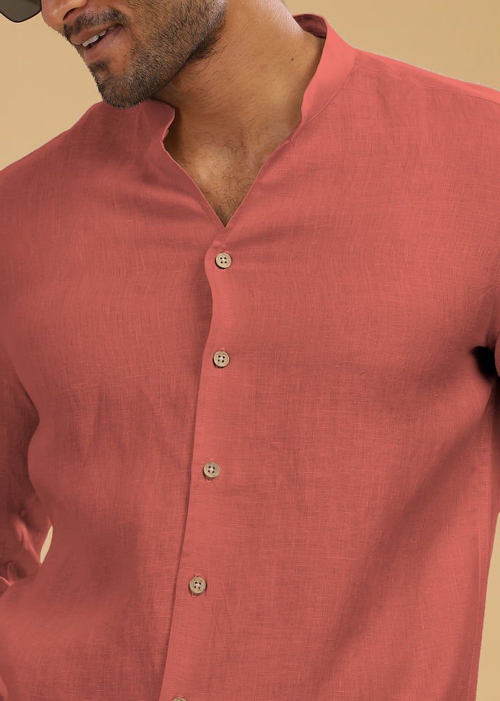 Craig - Pure Linen V Neck Full Sleeve Shirt - Terracotta Red