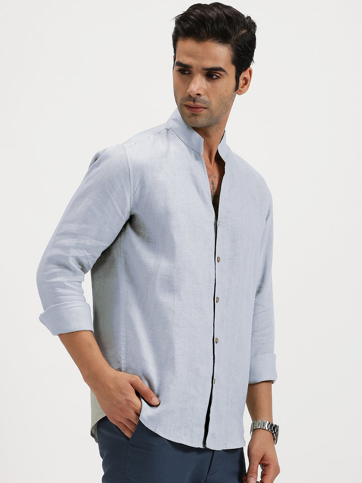 Craig - Pure Linen V Neck Full Sleeve Shirt - Powder Blue