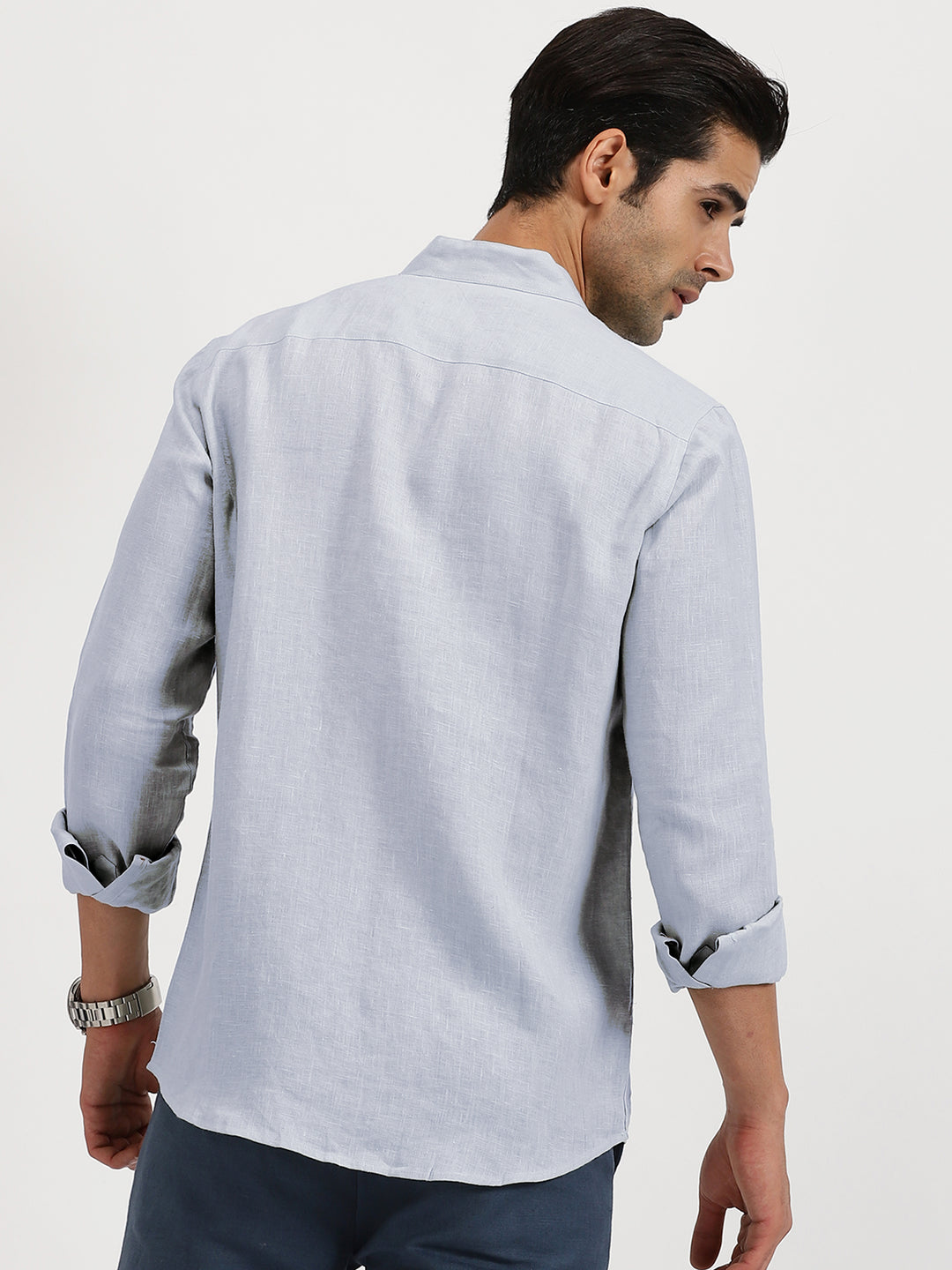 Craig - Pure Linen V Neck Full Sleeve Shirt - Powder Blue