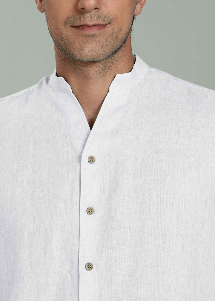 Craig - Pure Linen V Neck Short Sleeve Shirt - White
