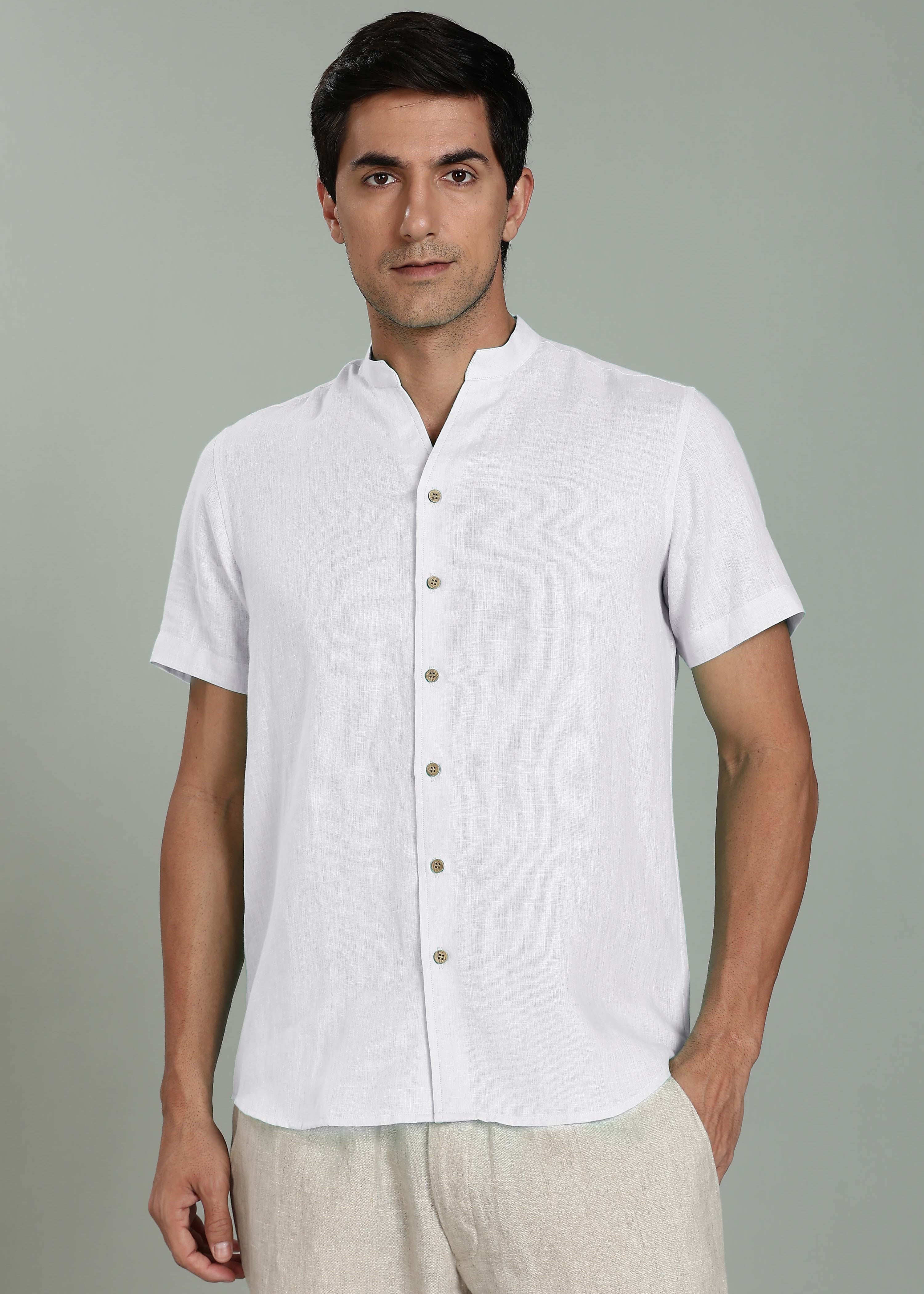White V Neck Mandarin Collar Pure Linen Short Sleeve Shirt for Men
