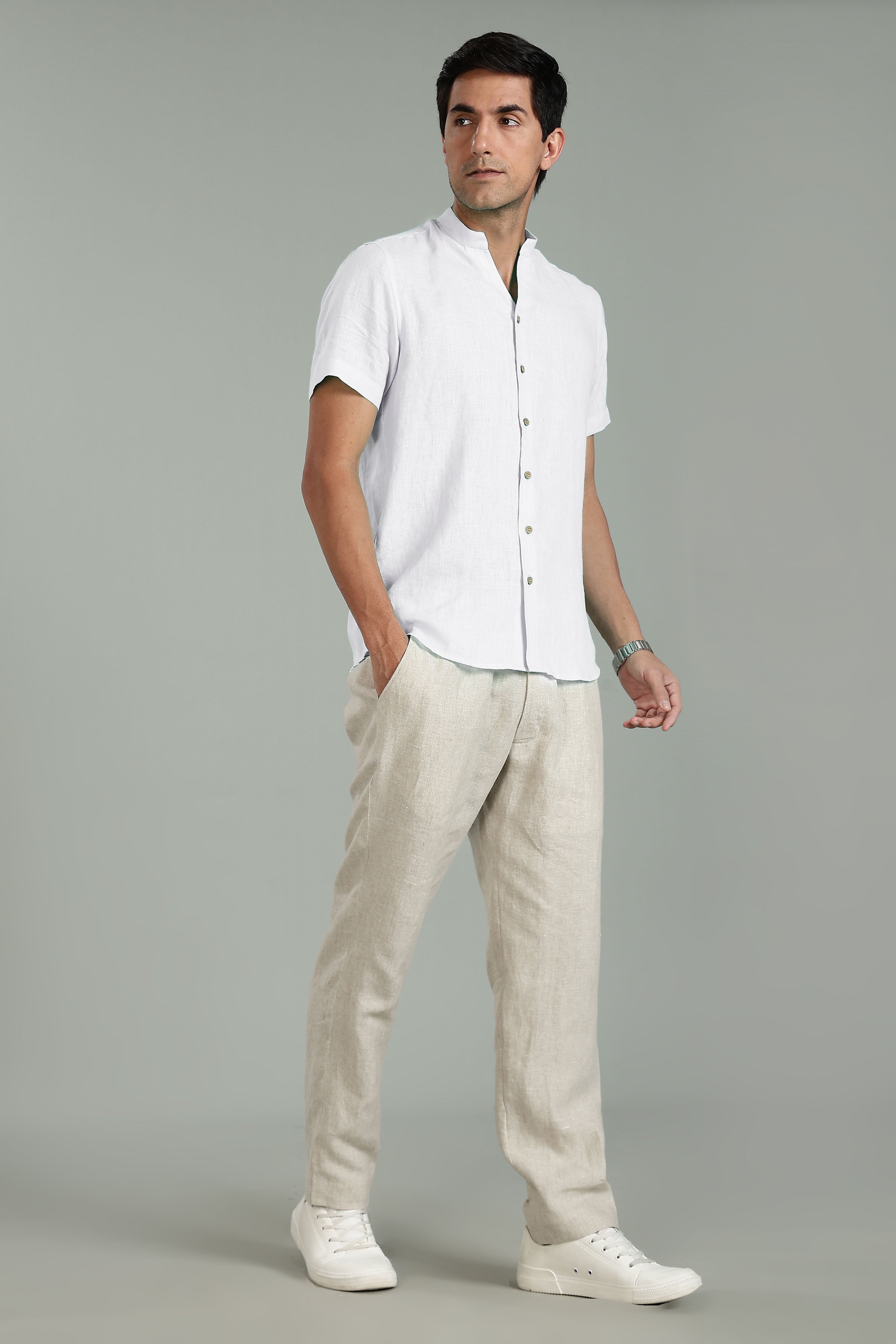 White V Neck Mandarin Collar Pure Linen Short Sleeve Shirt for Men