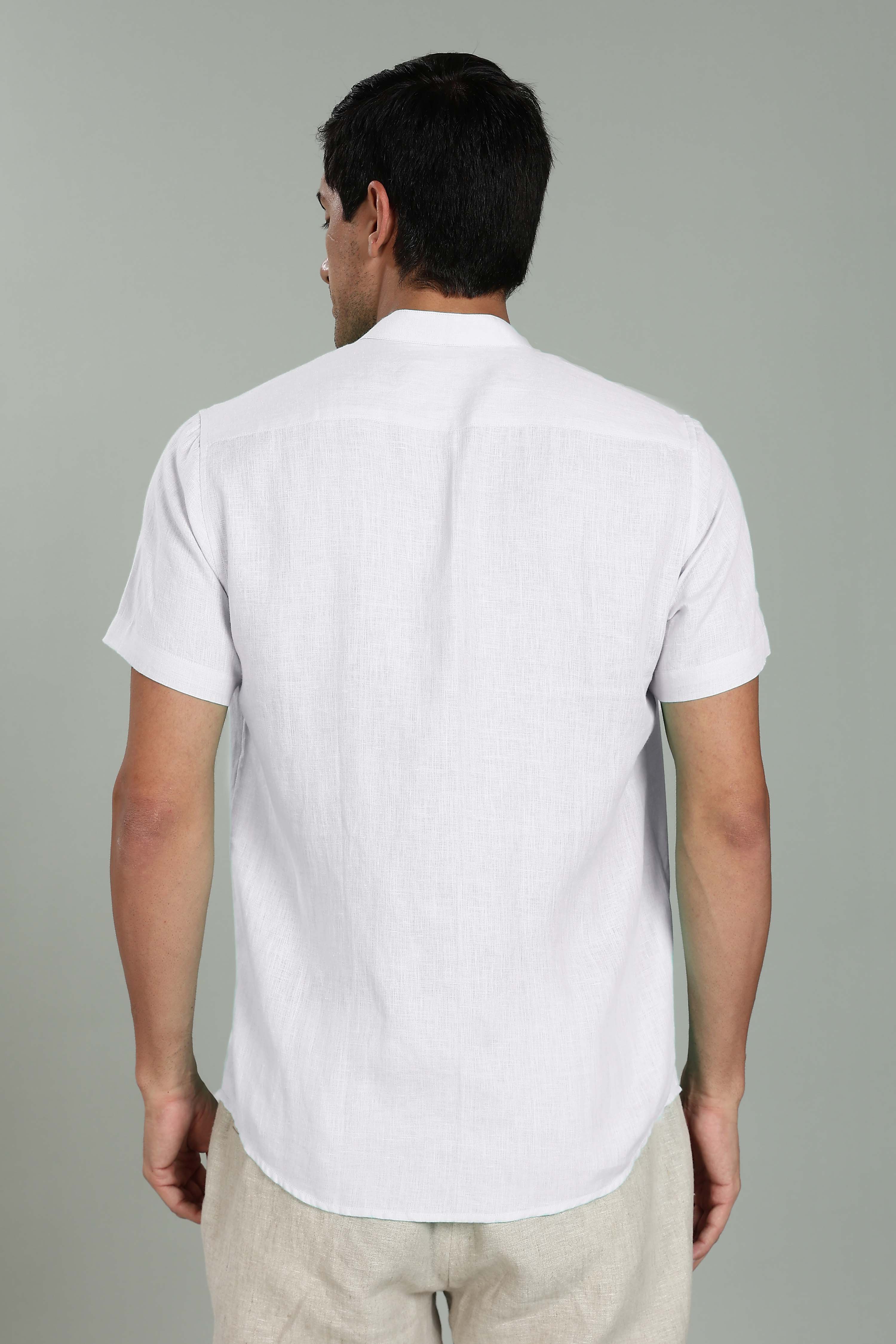 White V Neck Mandarin Collar Pure Linen Short Sleeve Shirt for Men