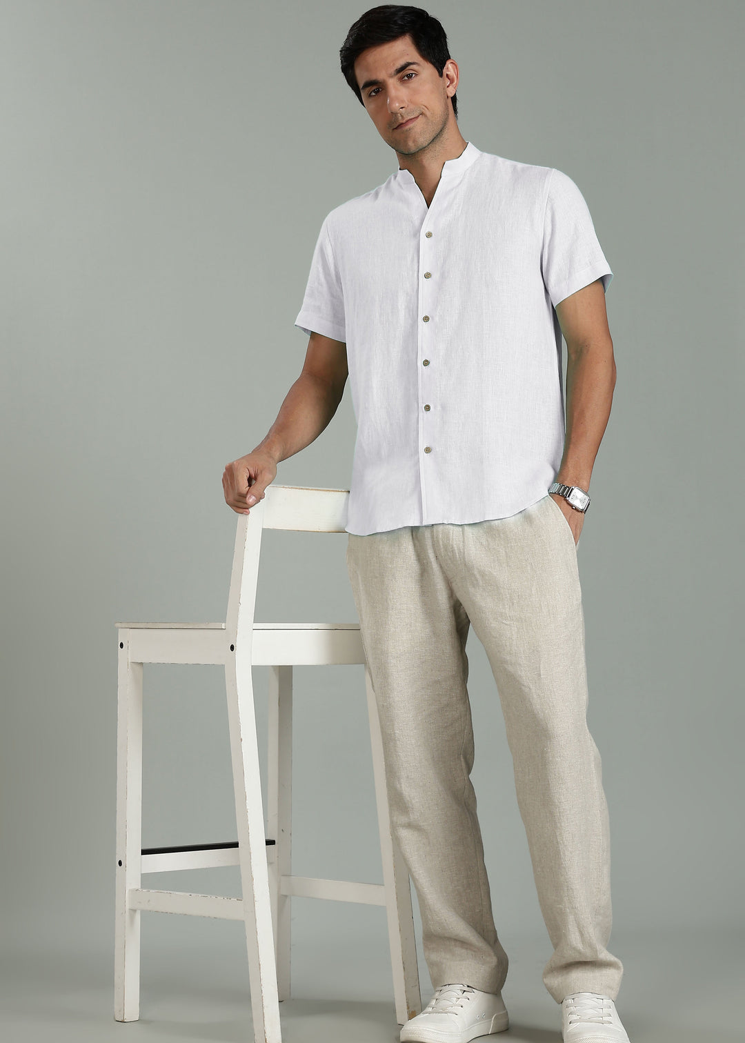 Craig - Pure Linen V Neck Short Sleeve Shirt - White