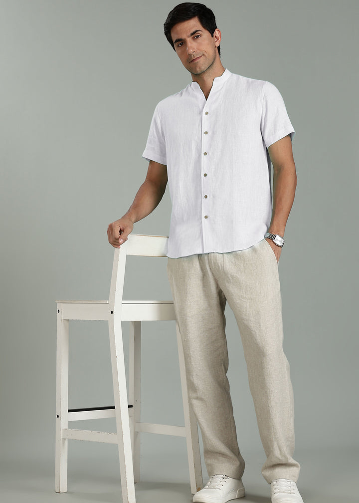 Craig - Pure Linen V Neck Short Sleeve Shirt - White