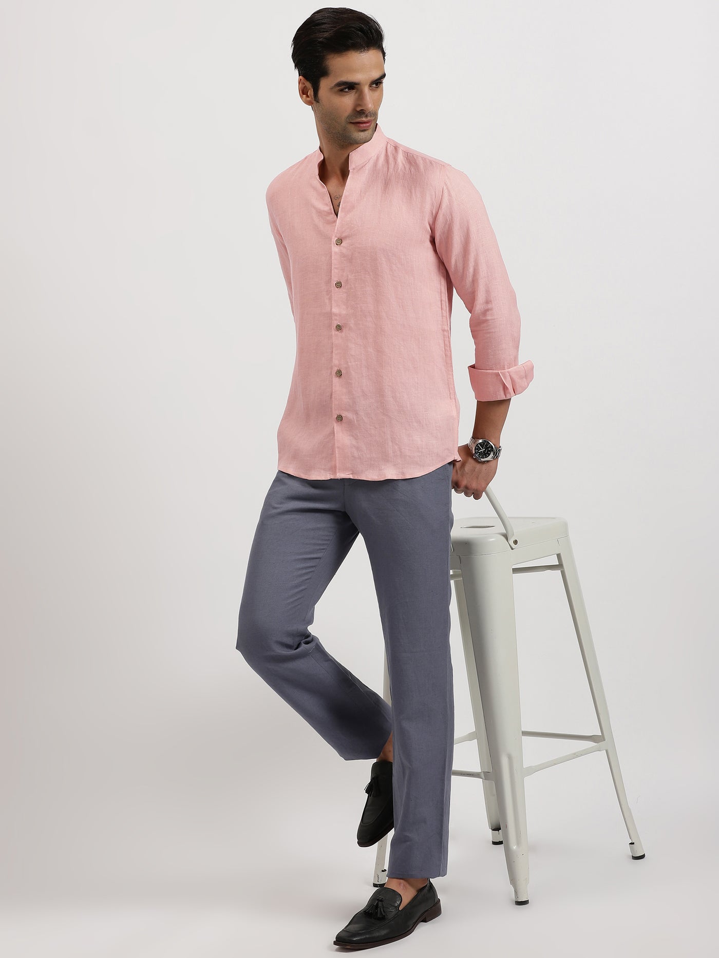 Craig - Pure Linen V Neck Full Sleeve Shirt - Salmon Pink