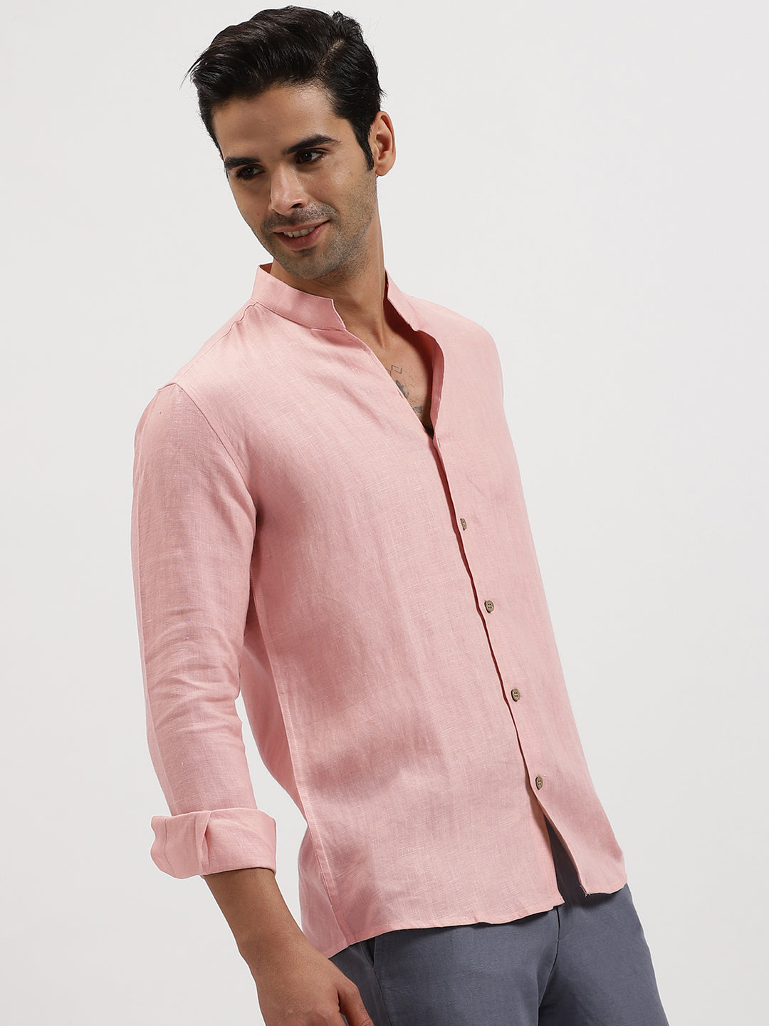 Salmon Pink V Neck Mandarin Collar Pure Linen Full Sleeve Shirt for Men – Linen Trail Salmon Pink V Neck Mandarin Collar Pure Linen Full Sleeve Shirt for Men – Linen Trail