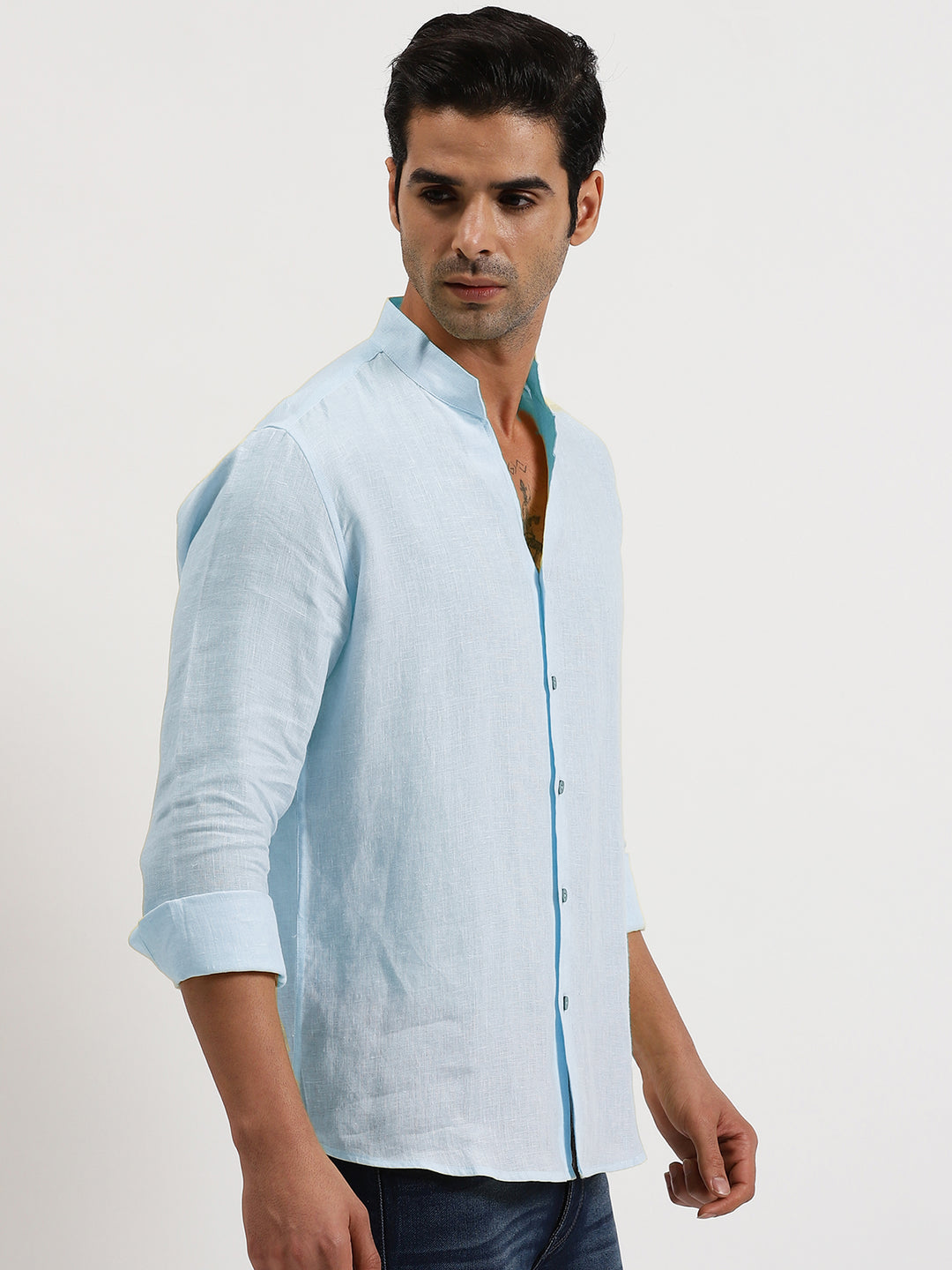 Craig - Pure Linen V Neck Full Sleeve Shirt - Sky Blue