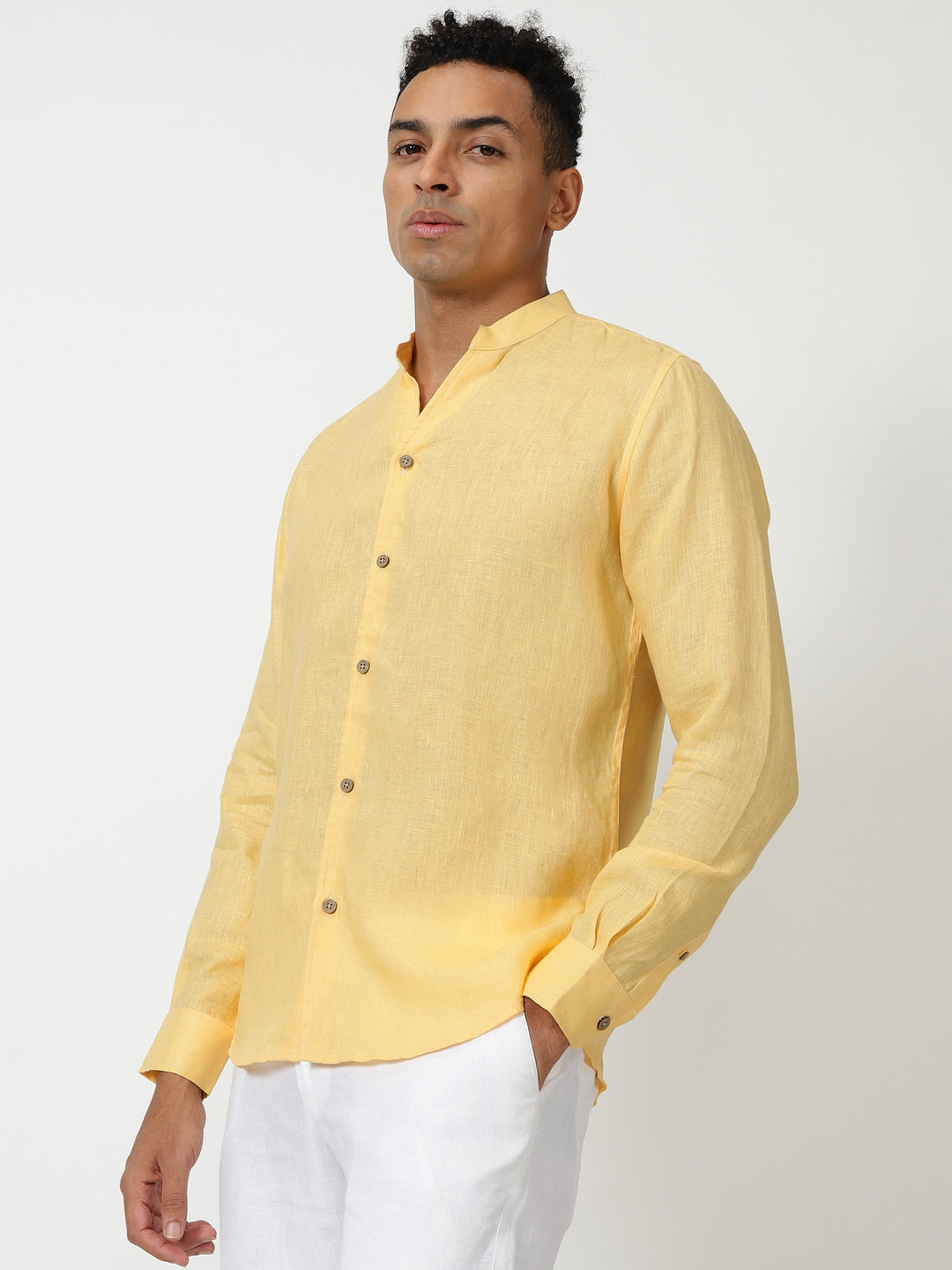Craig - Pure Linen V Neck Full Sleeve Shirt - Spectra Yellow