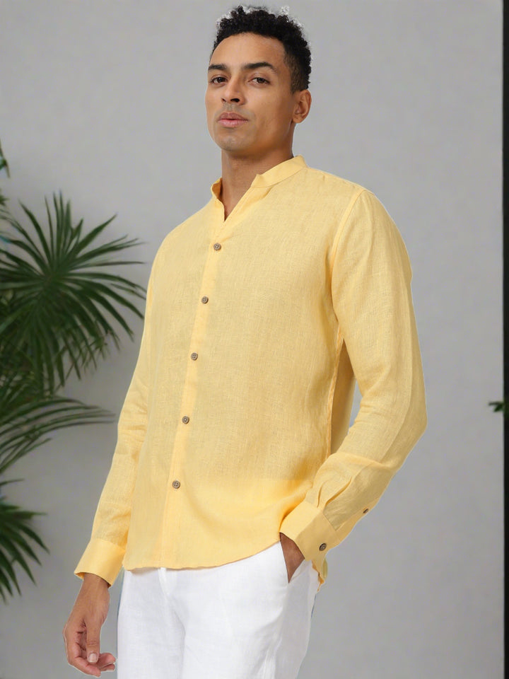 Craig - Pure Linen V Neck Full Sleeve Shirt - Spectra Yellow