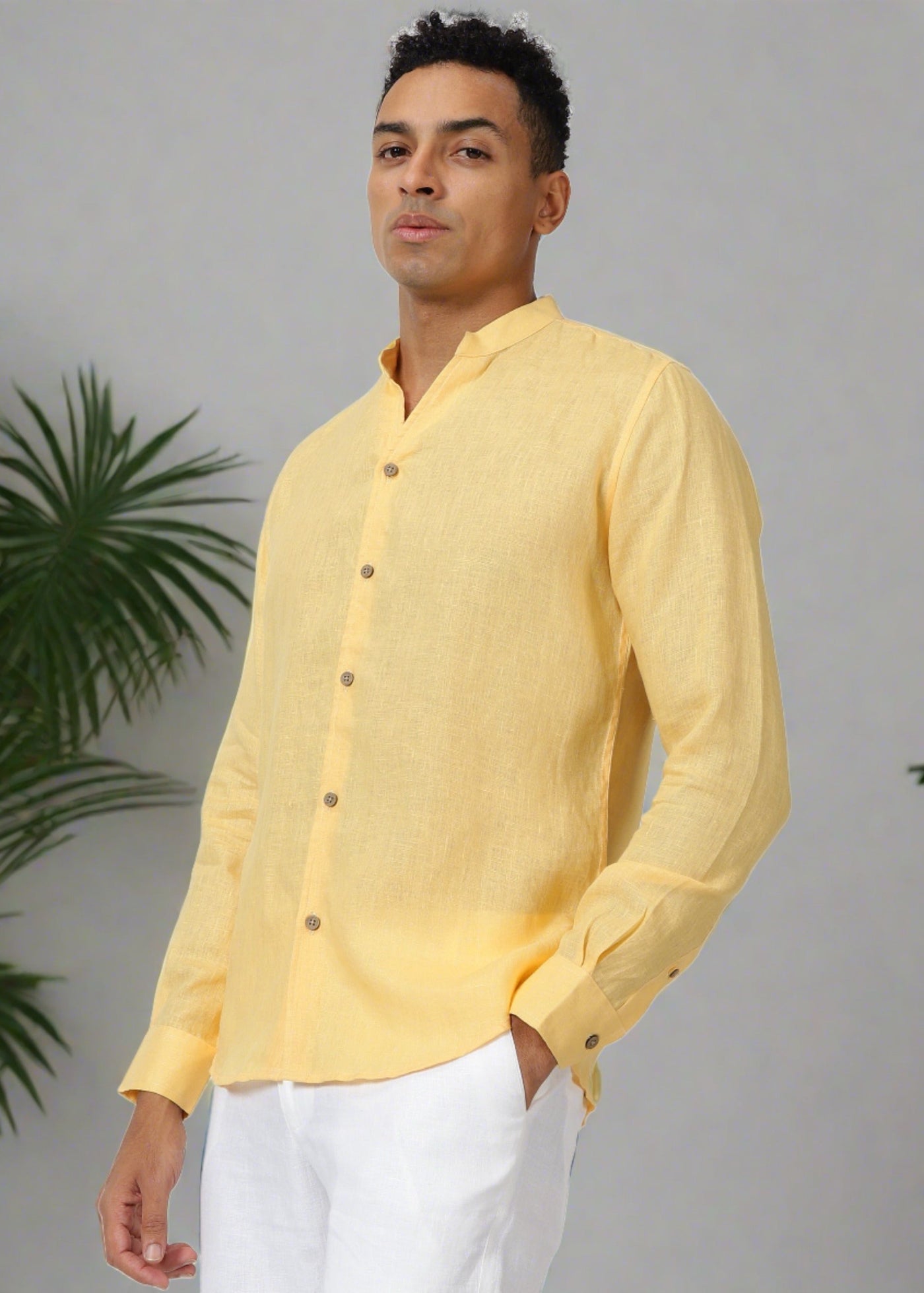 Craig - Pure Linen V Neck Full Sleeve Shirt - Spectra Yellow