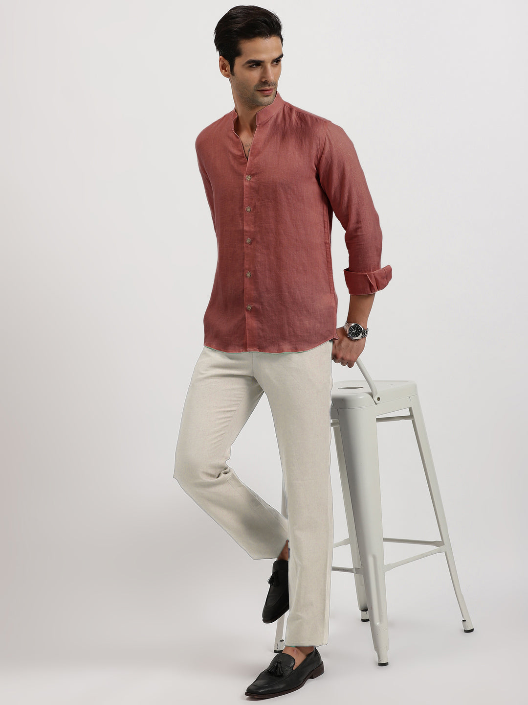 Craig - Pure Linen V Neck Full Sleeve Shirt - Terracotta Red