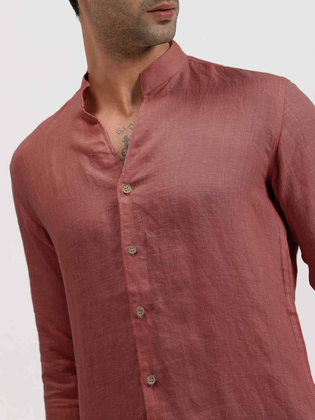 Craig - Pure Linen V Neck Full Sleeve Shirt - Terracotta Red