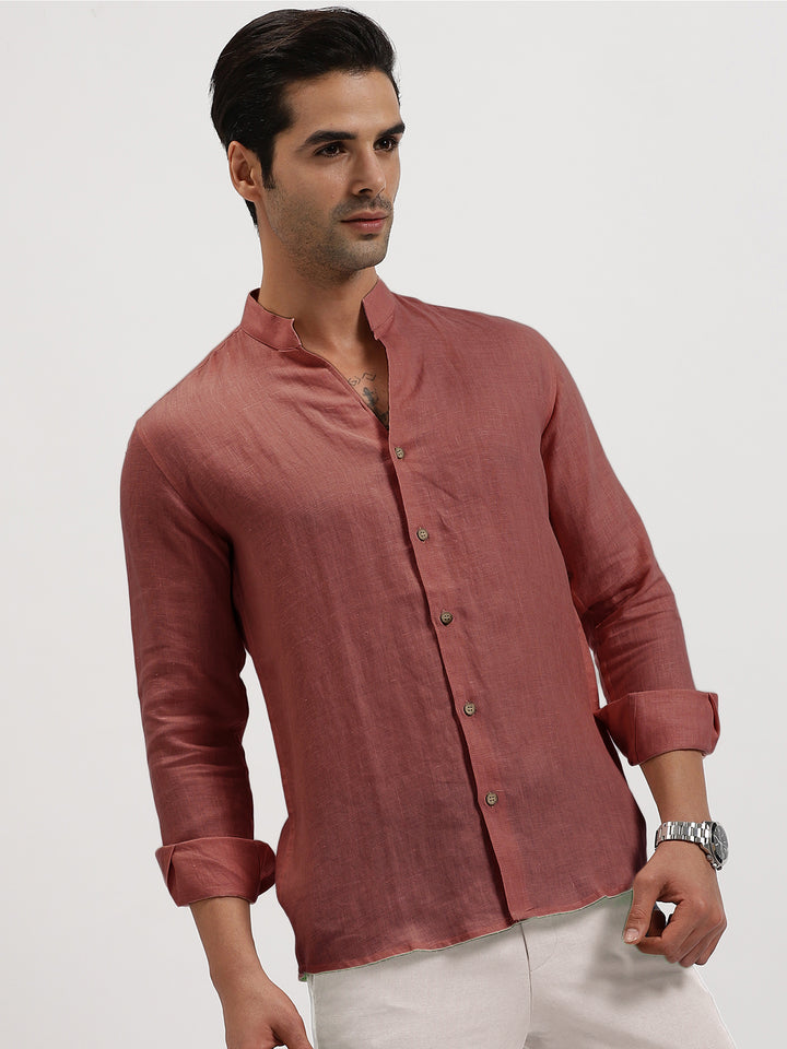 Craig - Pure Linen V Neck Full Sleeve Shirt - Terracotta Red