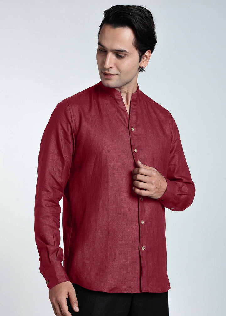 Craig - Pure Linen V Neck Full Sleeve Shirt - Red Wine