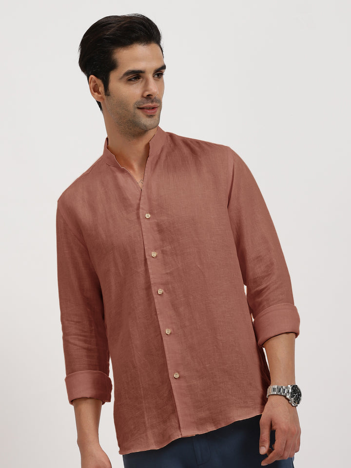 Craig - Pure Linen V Neck Full Sleeve Shirt - Fondue Pink