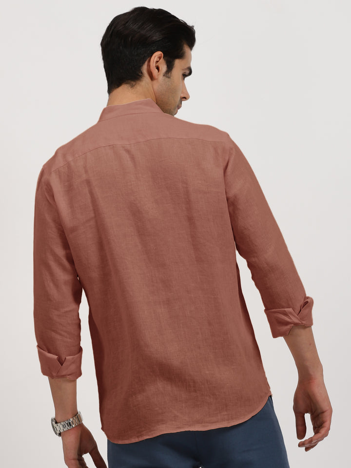 Craig - Pure Linen V Neck Full Sleeve Shirt - Fondue Pink