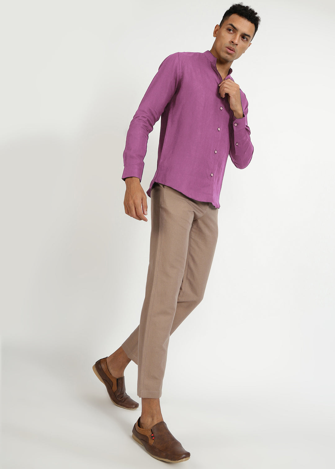 Craig - Pure Linen V Neck Full Sleeve Shirt - Berry Purple