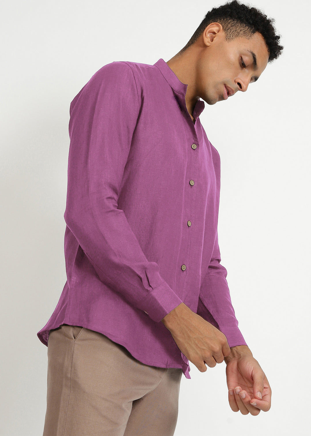 Craig - Pure Linen V Neck Full Sleeve Shirt - Berry Purple