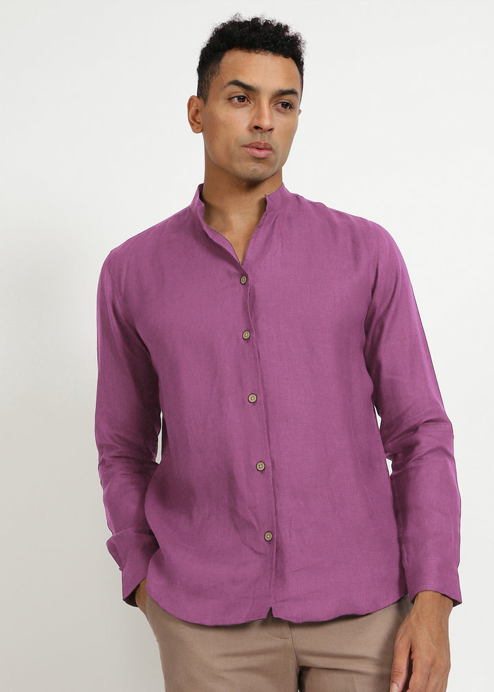 Craig - Pure Linen V Neck Full Sleeve Shirt - Berry Purple