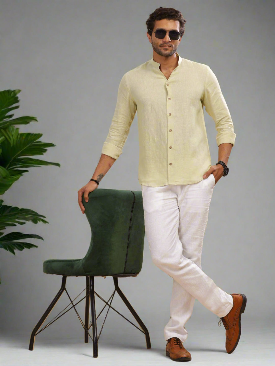 Craig - Pure Linen V Neck Full Sleeve Shirt - Pistachio Yellow