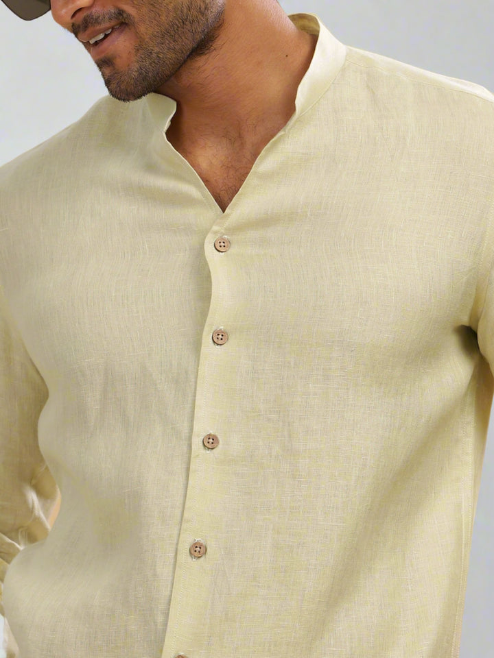 Craig - Pure Linen V Neck Full Sleeve Shirt - Pistachio Yellow