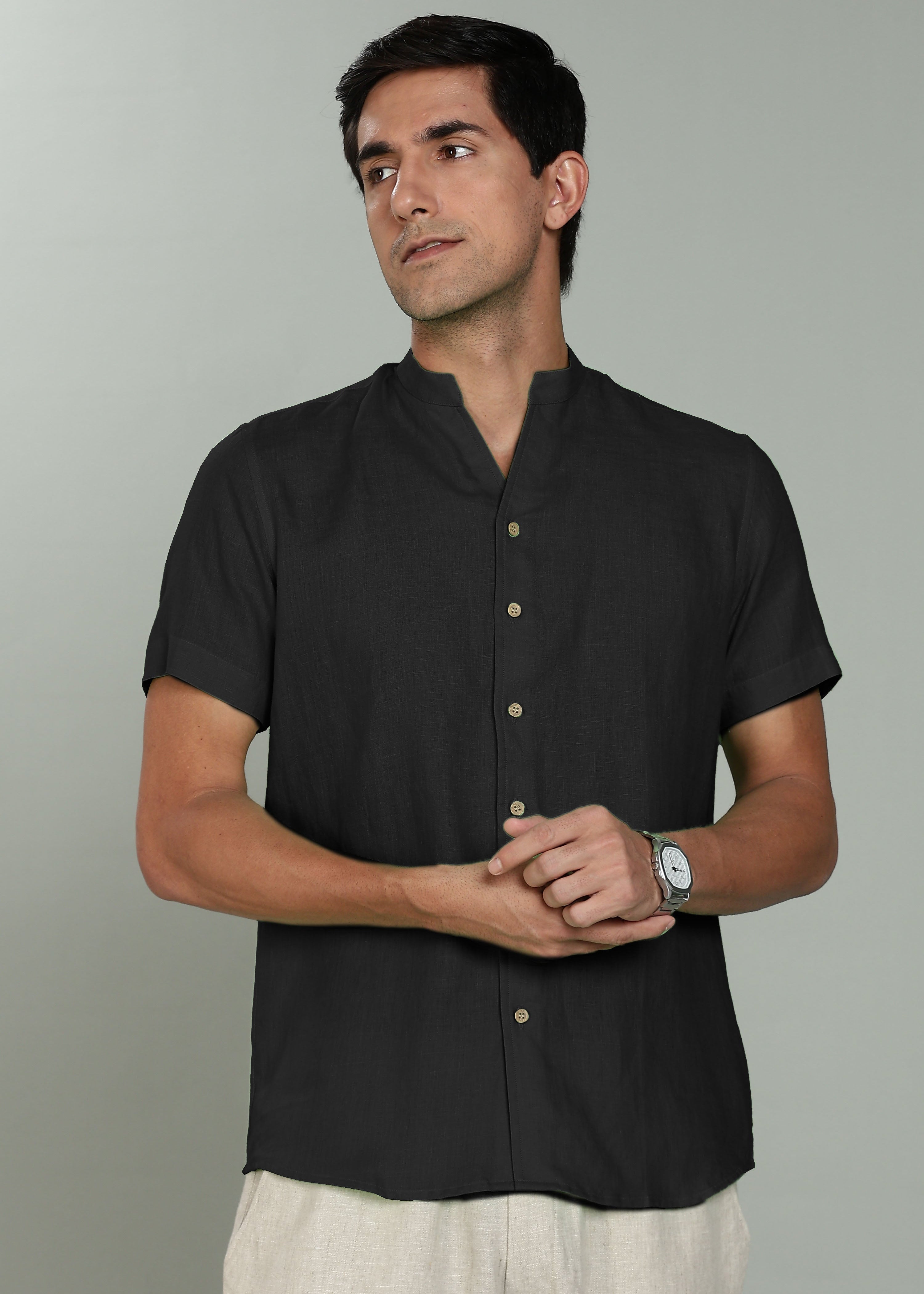 Black V Neck Mandarin Collar Pure Linen Short Sleeve Shirt for Men