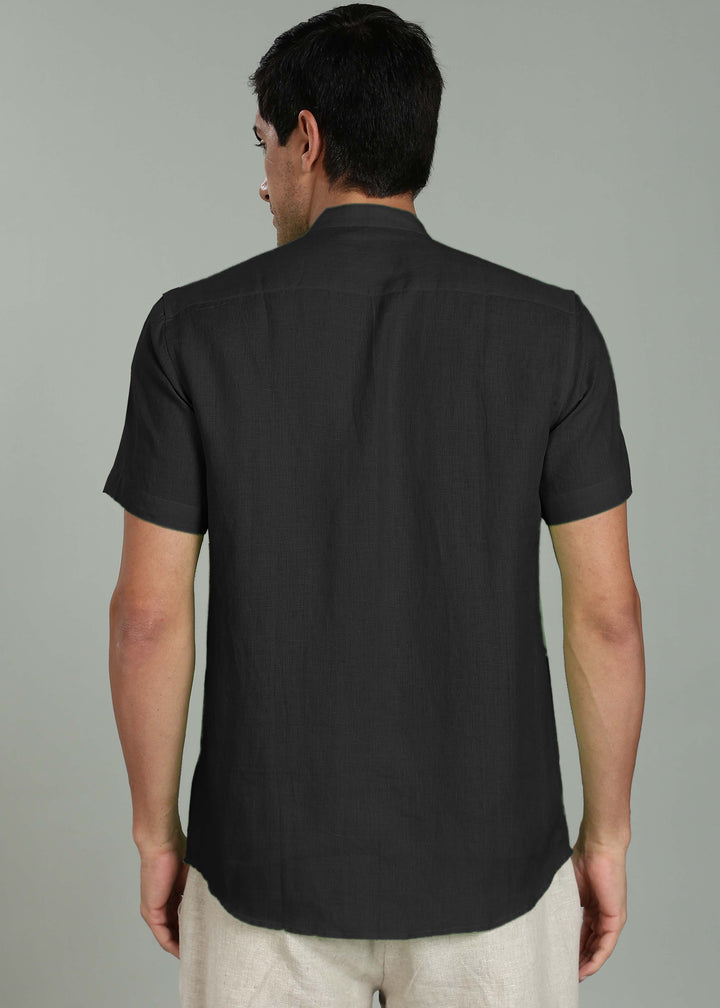 Craig - Pure Linen V Neck Short Sleeve Shirt - Black