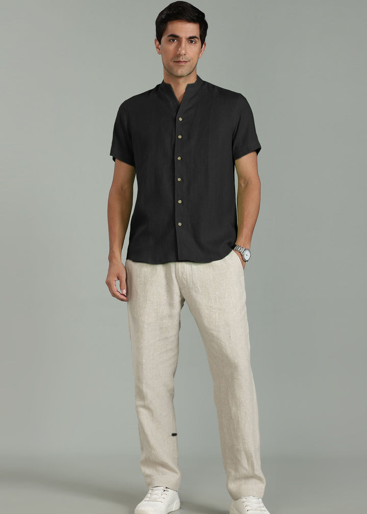 Craig - Pure Linen V Neck Short Sleeve Shirt - Black