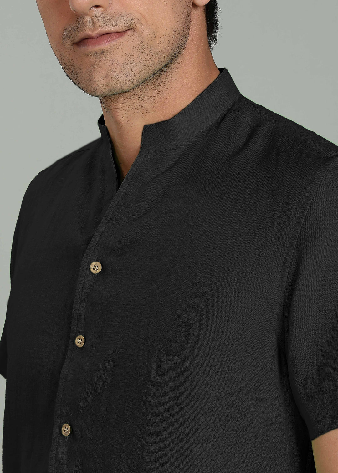 Craig - Pure Linen V Neck Short Sleeve Shirt - Black