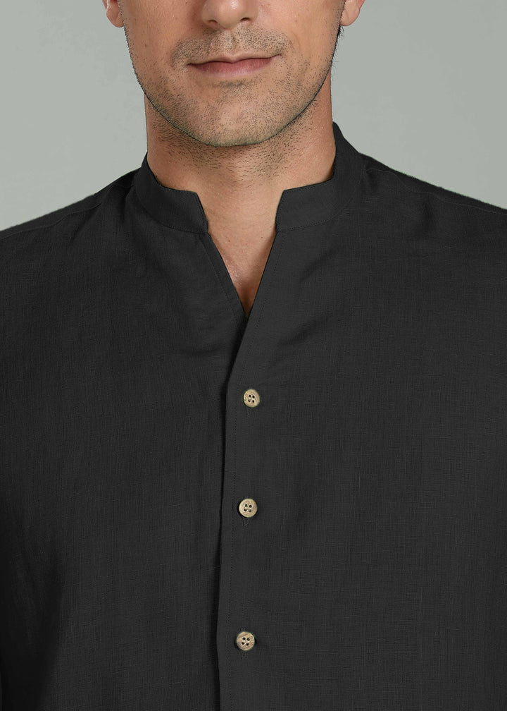 Craig - Pure Linen V Neck Short Sleeve Shirt - Black