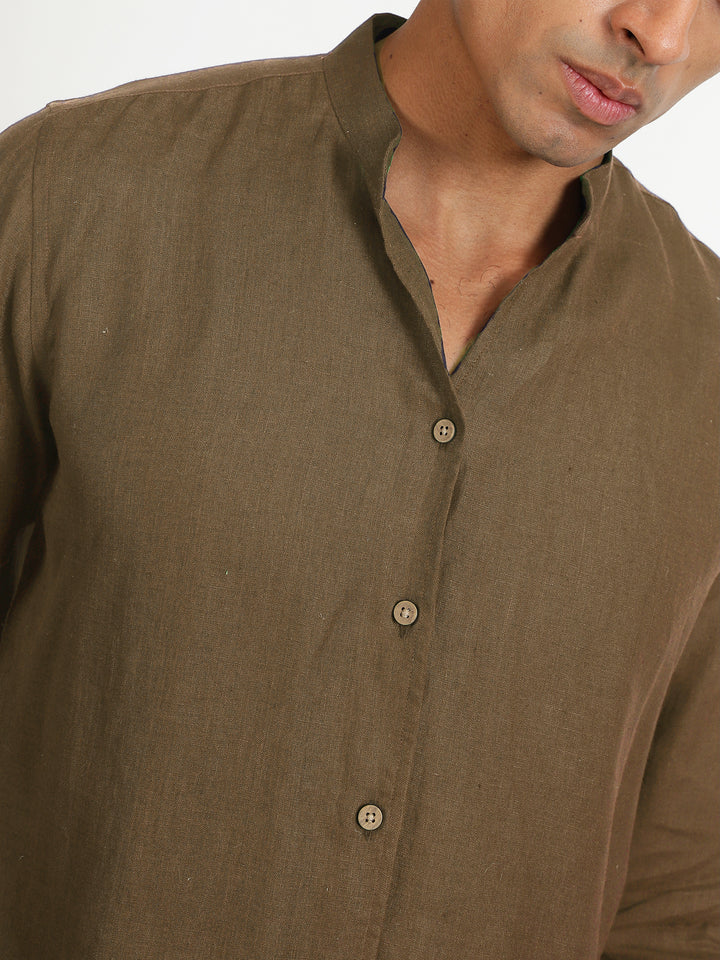 Craig - Pure Linen V Neck Full Sleeve Shirt - Hazelnut Brown