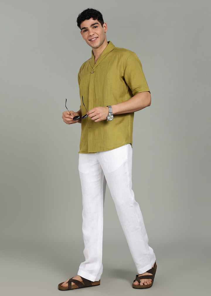 Man wearing 100% 60 LEA Sap Green Shawl collar Half sleeve Shirt in an indoor grey background.