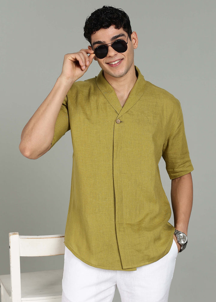 Man wearing 100% 60 LEA Sap Green Shawl collar Half sleeve Shirt in an indoor grey background.