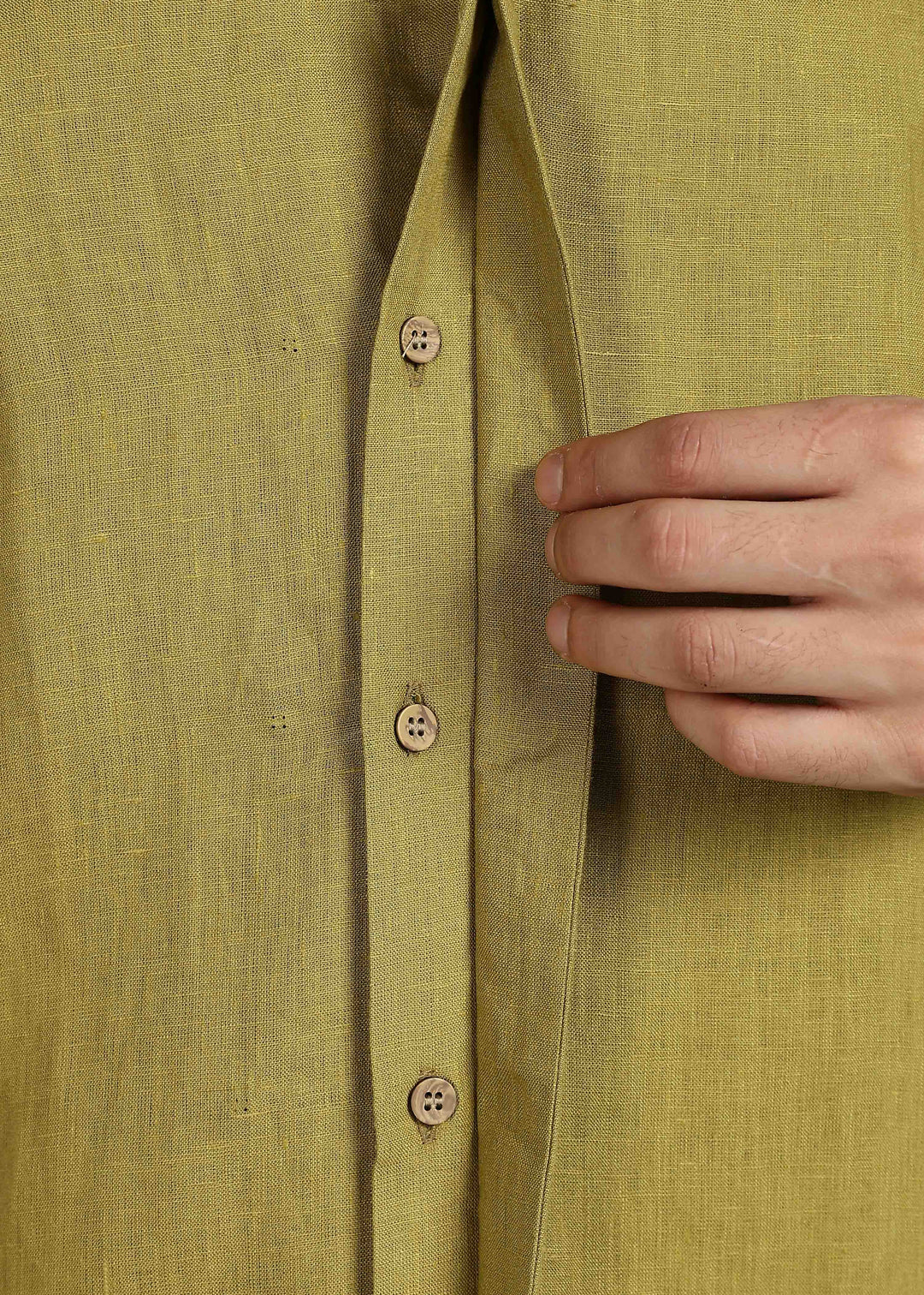 Man wearing 100% 60 LEA Sap Green Shawl collar Half sleeve Shirt in an indoor grey background.
