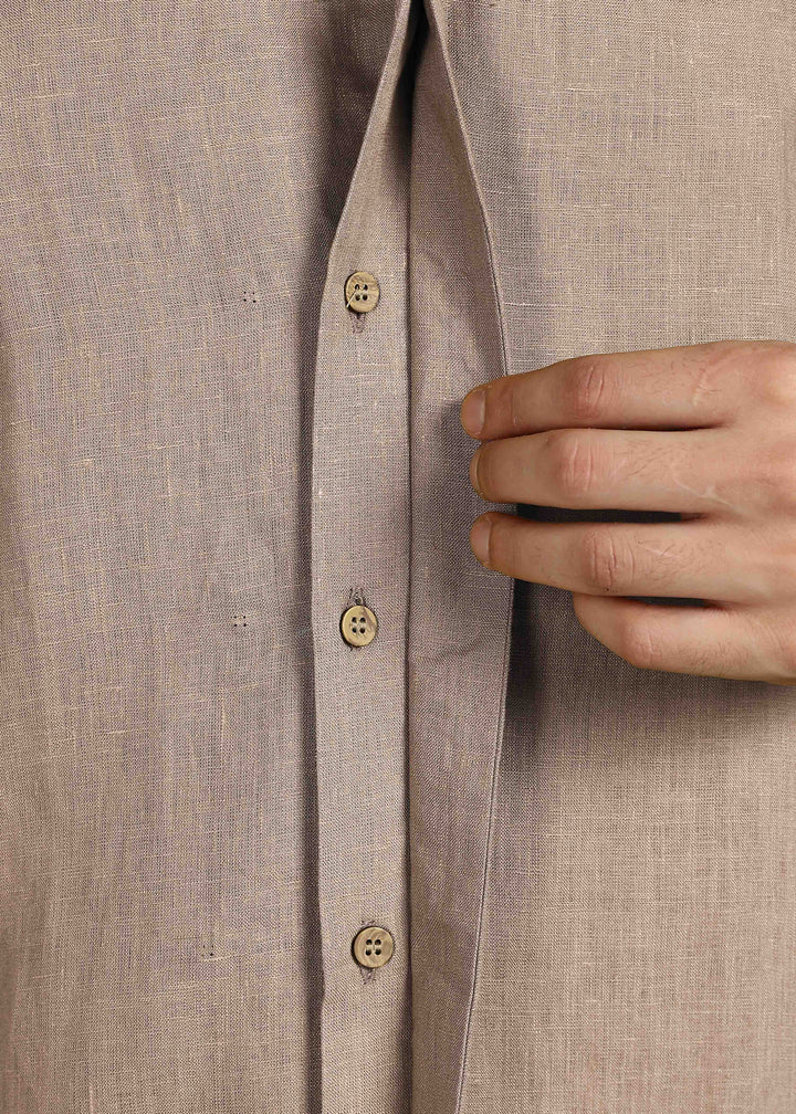 Cyrus - Pure Linen Half Sleeve Shawl Collar Shirt - Mocha