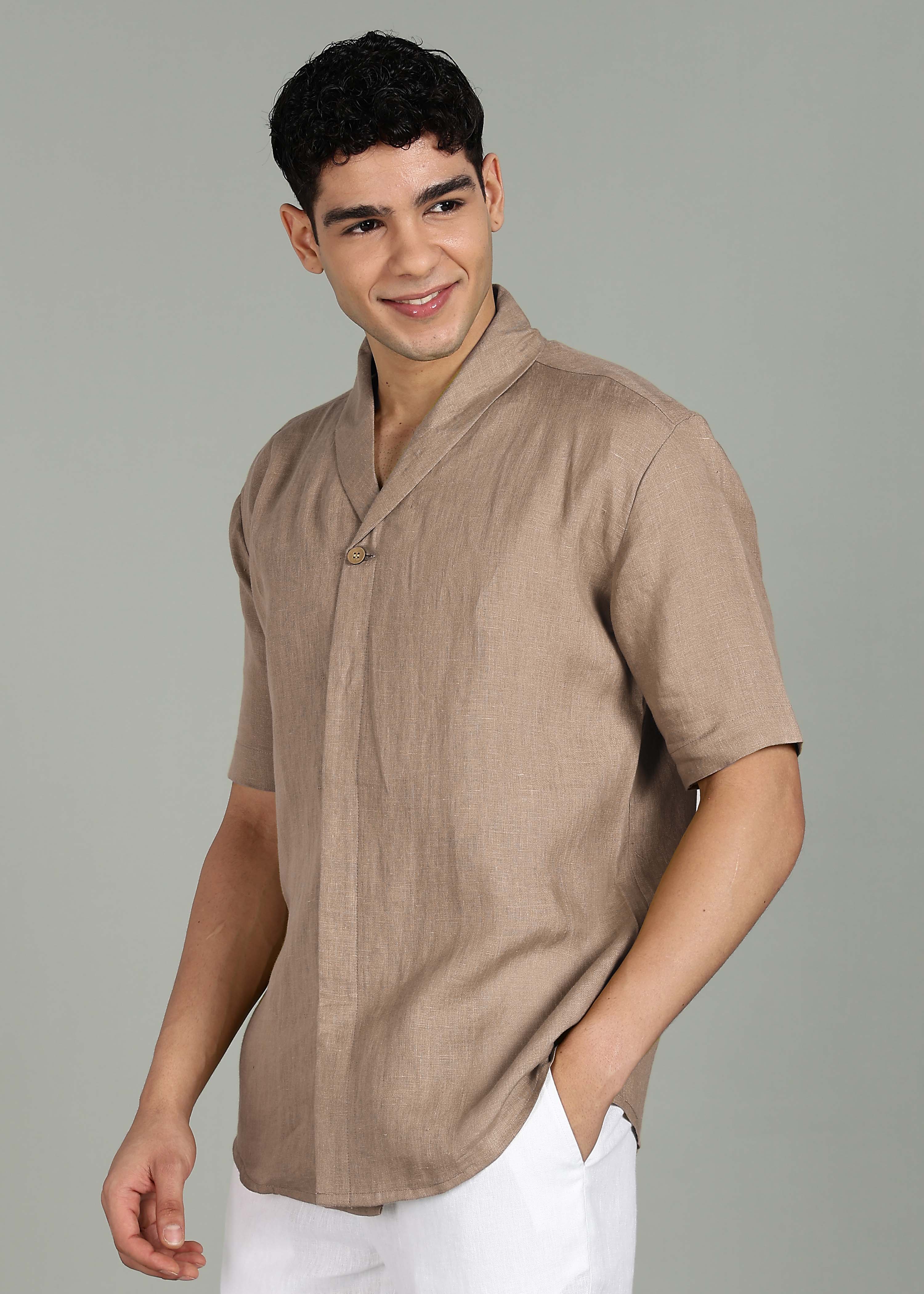 Mocha Pure Linen Half Sleeve Shawl Collar Shirt – Linen Trail
